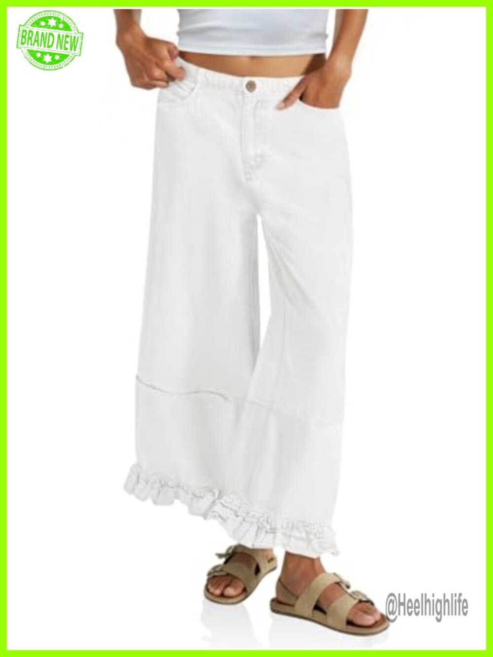 High Rise Wide Leg Cropped Jeans with Ruffled Hem and Side Pockets